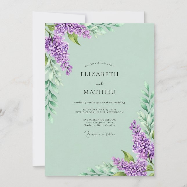 Invitación Bodas de Lila Pintorescas en Verde Menta (Anverso)