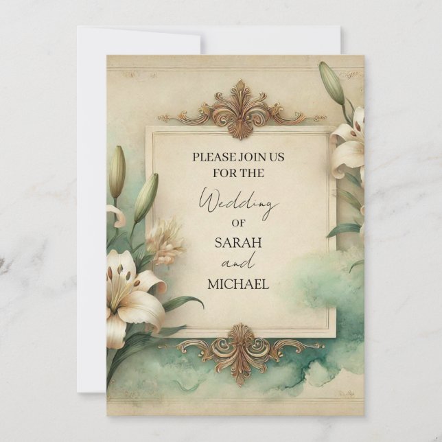 Invitación bodas de lirios vintage (Anverso)