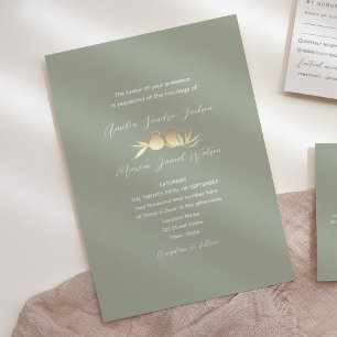 Invitación Bodas de Lovebirds Verde Salvia Oro
