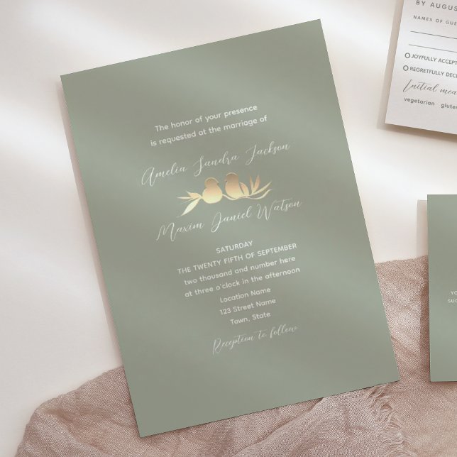Invitación Bodas de Lovebirds Verde Salvia Oro (Subido por el creador)
