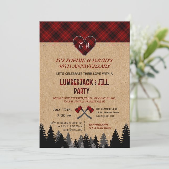Invitación Bodas de madera de Chic LumberJack y Jill 40º Aniv (Anverso de pie)