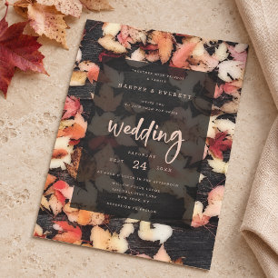 Invitación Bodas de Madera Oscura Rústica de Hojas de Otoño