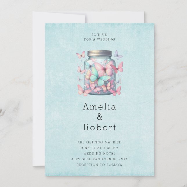 Invitación Bodas de Mariposas Caprichosas en un Tarro (Anverso)