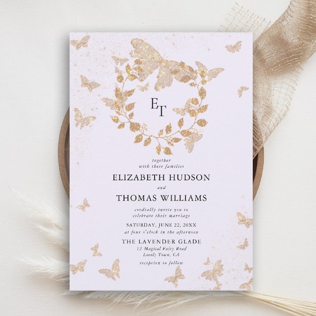 Invitación Bodas de Mariposas de Oro Lavanda Cresta de Eucali (butterfly wedding invitation lavender gold purple eucalyptus crest elegant modern romantic)