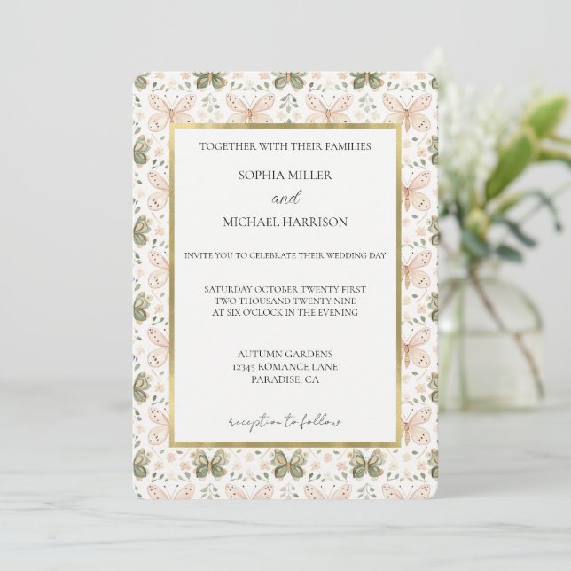 Invitación Bodas de Mariposas Rosas Verdes (Anverso de pie)