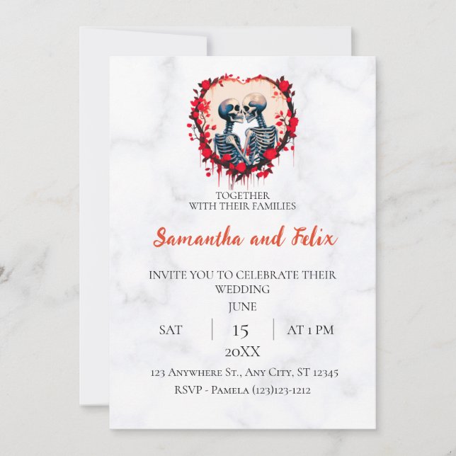 Invitación Bodas de mármol de corazón de rosa esqueleto que a (Anverso)