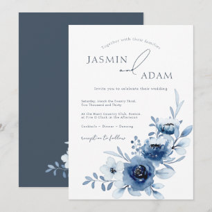 Invitación Bodas de Monograma de Rosas Azules Elegantes