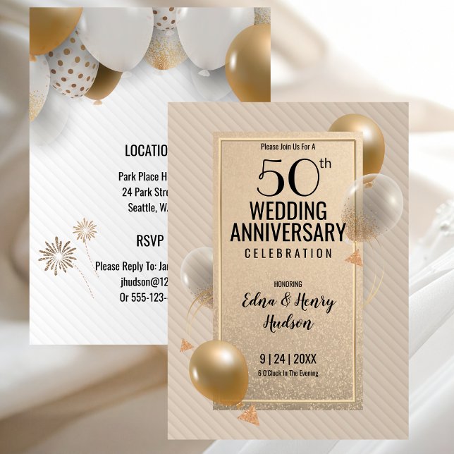 Invitación Bodas de Oro 50 Aniversario de Bodas (Golden 50th Wedding Anniversary Invitation with Gold and White)
