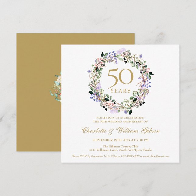 Invitación Bodas de oro con flores de lavanda 50º aniversario (Anverso / Reverso)
