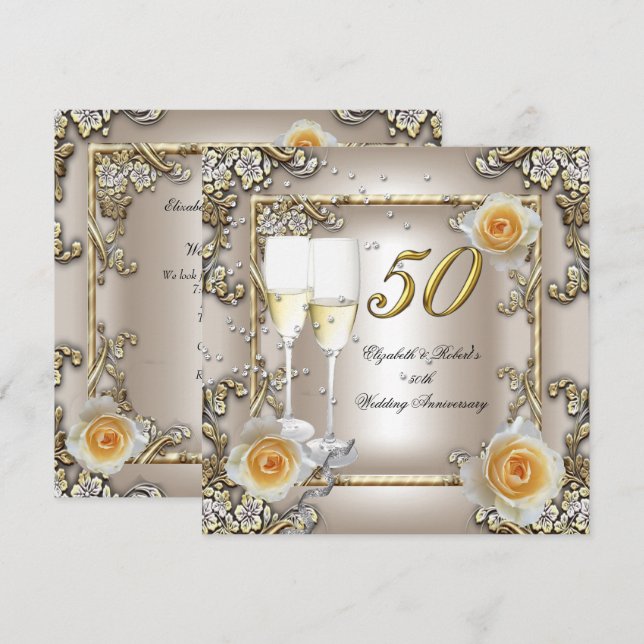 Invitación Bodas de Oro Cream Gold Rose Silver (Anverso / Reverso)