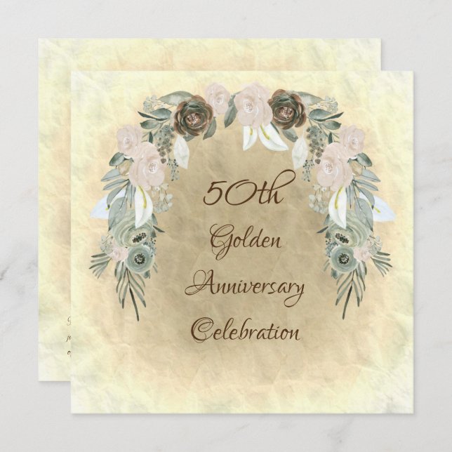 Invitación Bodas de Oro Flores Acuarela Verde Salvia Dorado (Anverso / Reverso)