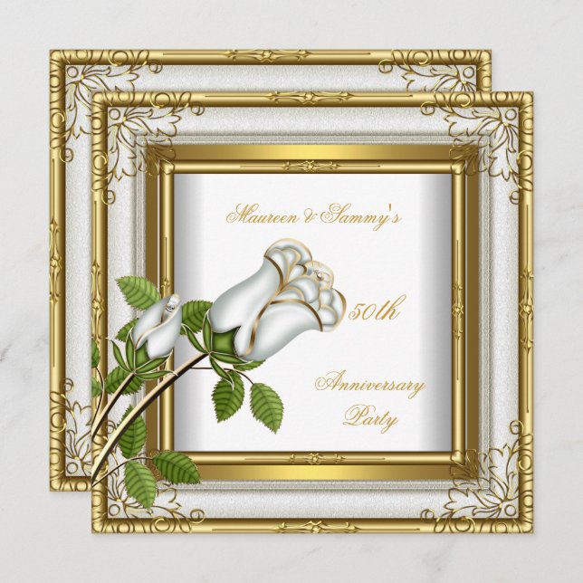 Invitación Bodas de Oro, Rosa de Oro Blanca Elegante (Anverso / Reverso)