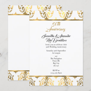 Invitación Bodas de oro y damasco blanco 50 aniversario de bo