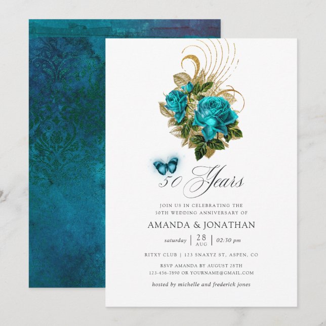 Invitación Bodas de oro y turquesa 50 aniversario de boda (Anverso / Reverso)