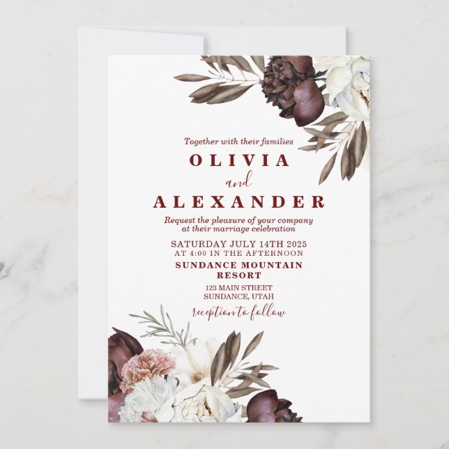 Invitación Bodas de otoño Boho Rosas de Borgoña (Anverso)
