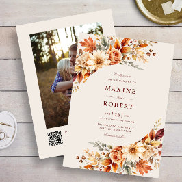 Invitación Bodas de otoño con código QR fotográfico de hojas