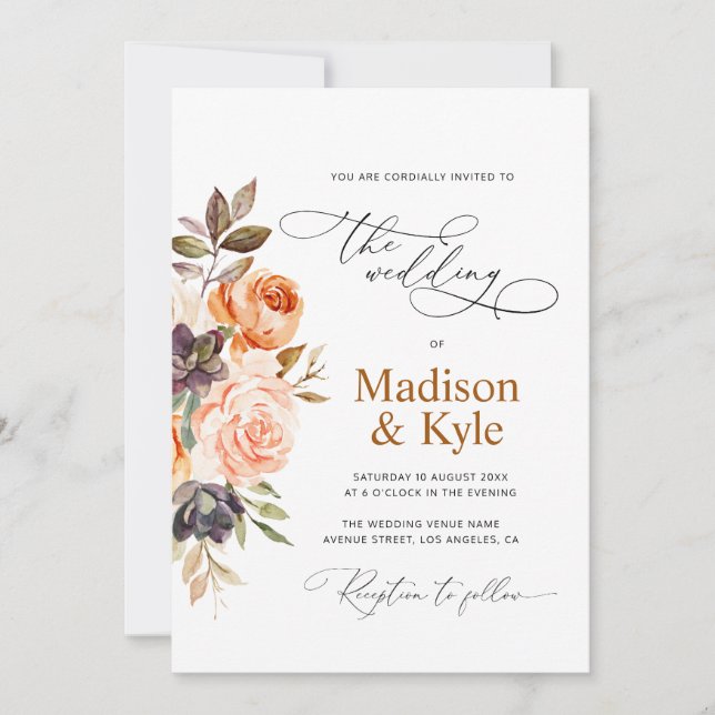 Invitación bodas de otoño floral dorado (Anverso)