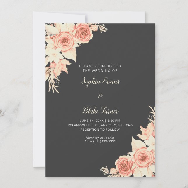 Invitación Bodas de otoño grises con rosas naranjas rústicas  (Anverso)