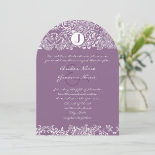 Invitación Bodas de pájaros de amor púrpura damasco monograma