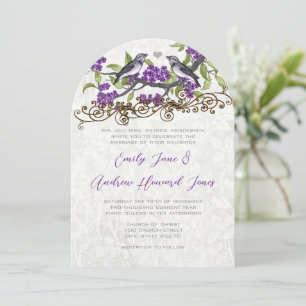Invitación Bodas de pájaros del amor vintage púrpura y gris