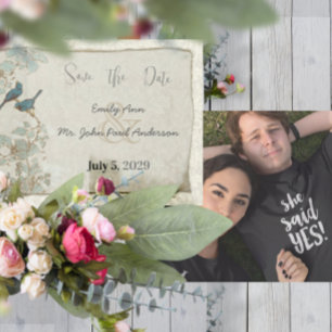 Invitación Bodas de pájaros vintage azul tiza bordes de damas