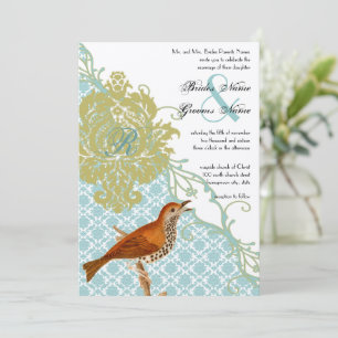 Invitación Bodas de Pájaros Vintage Lagoon Endive Damask