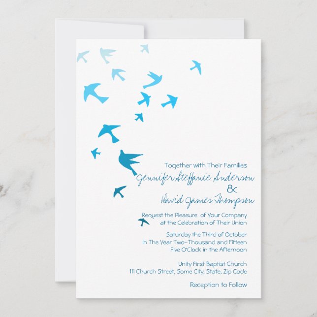 Invitación Bodas de palomas azules y blancas (Anverso)