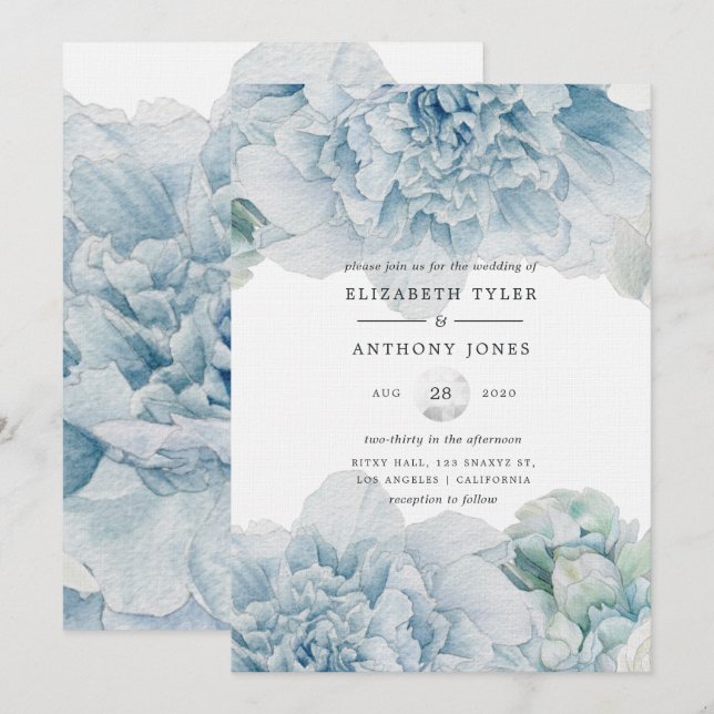 Invitación Bodas de Peonías Azules (Anverso / Reverso)