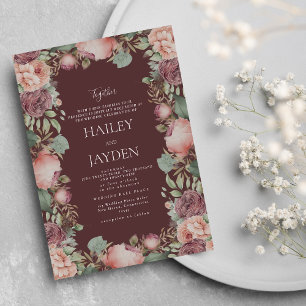 Invitación Bodas de peonías botánicas rosa burgundy verde men