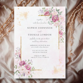 Invitación Bodas de peonías con marco de oro