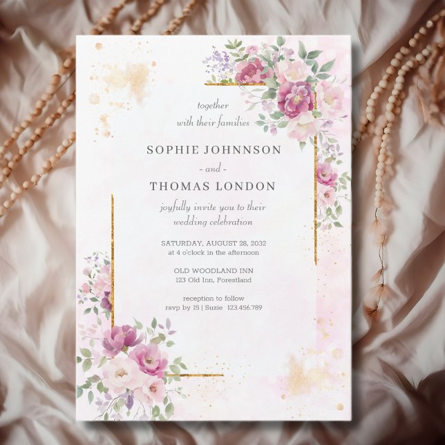 Invitación Bodas de peonías con marco de oro (Subido por el creador)