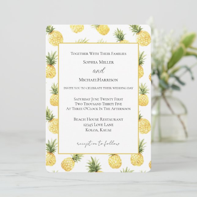 Invitación Bodas de Piñas Amarillas Tropicales   (Anverso de pie)