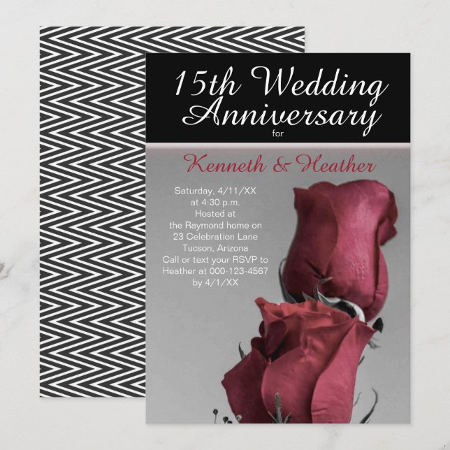 Invitación Bodas de Plata 15 Aniversario de Boda Rosas Rojas (Anverso / Reverso)