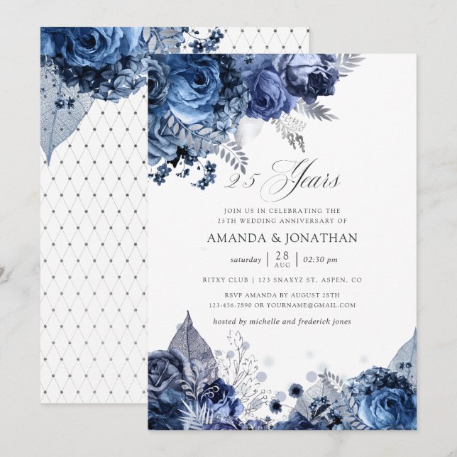 Invitación Bodas de Plata 25 Aniversario de Boda Azul Marino  (Anverso / Reverso)