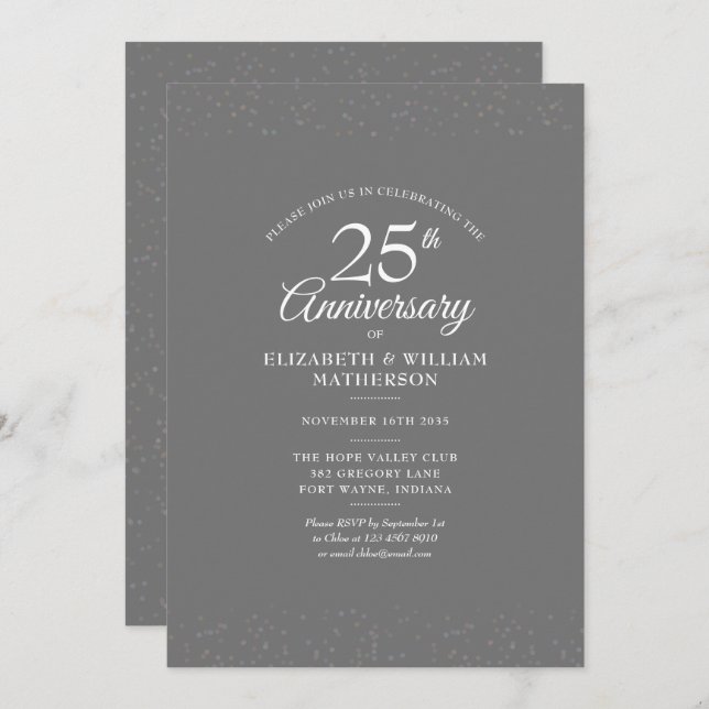Invitación Bodas de plata del 25 aniversario con confeti de S (Anverso / Reverso)