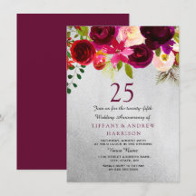 Bodas de plata florales en plata y burdeos 25º ani
