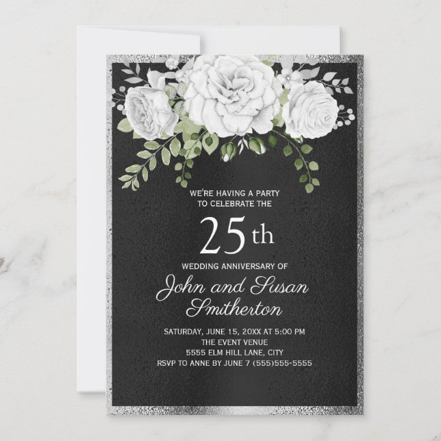 Invitación Bodas de Plata Negra Blanca Floral 25 Aniversario  (Anverso)
