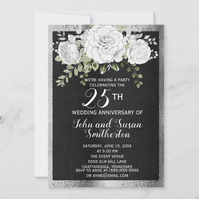 Invitación Bodas de Plata Negro Floral 25 Aniversario de Boda (Anverso)