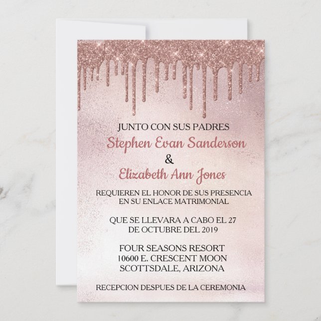 Invitación Bodas de plata Rosa Dorado Brillo Gotea (Anverso)