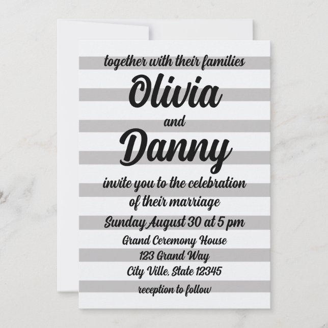 Invitación Bodas de Playa Dulces Rayas de Caramelo Grises Bla (Anverso)