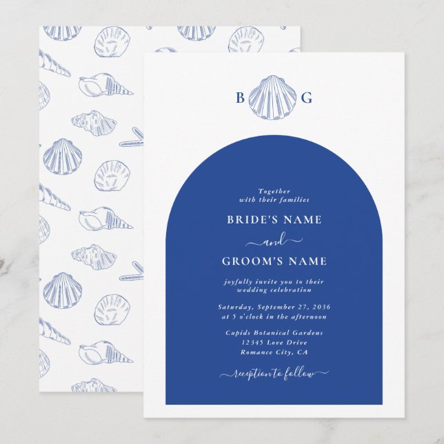 Invitación Bodas de playa junto al mar con conchas de almeja  (Anverso / Reverso)