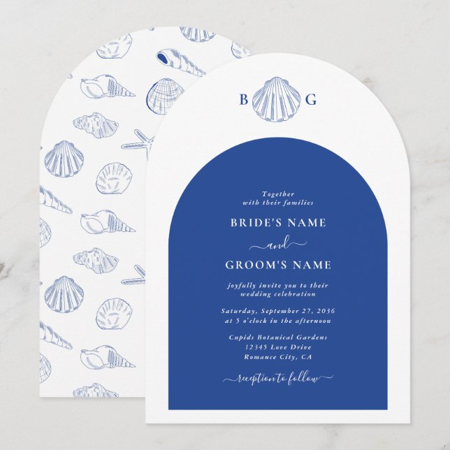 Invitación Bodas de playa junto al mar con conchas de almeja  (Anverso / Reverso)