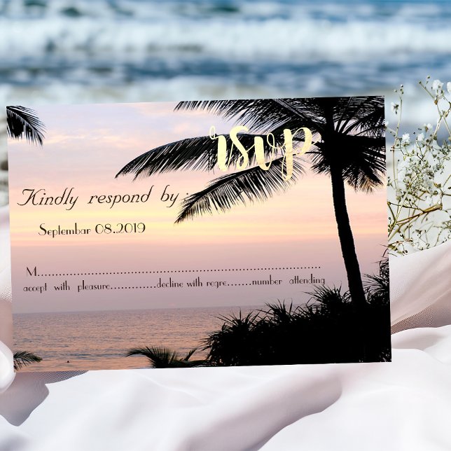 Invitación Bodas de playa palmeras puesta de sol RSVP (Subido por el creador)