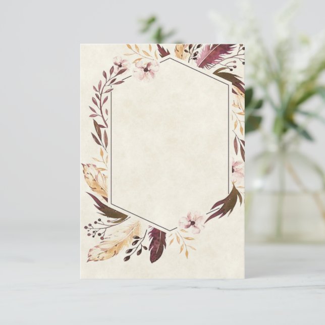 Invitación Bodas de plumas boho presupuesto en blanco (Anverso de pie)