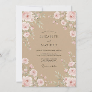 Invitación Bodas de ranúnculos de eucalipto rosa suave y beig