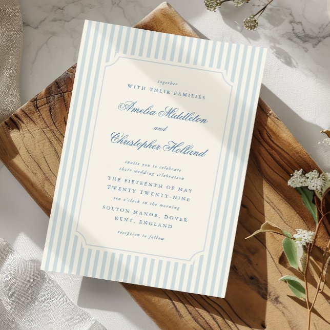 Invitación Bodas de Rayas Azules Claras Clásicas (formal and elegant French blue stripes wedding invitation with timeless typography)