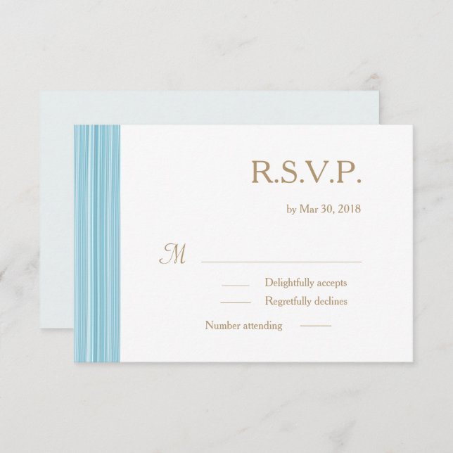 Invitación Bodas de rayas sutiles doradas y blancas azul clar (Anverso / Reverso)