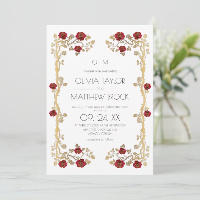 Invitación Bodas de Rosa Ornamentada Flores Elegantes  (Anverso de pie)