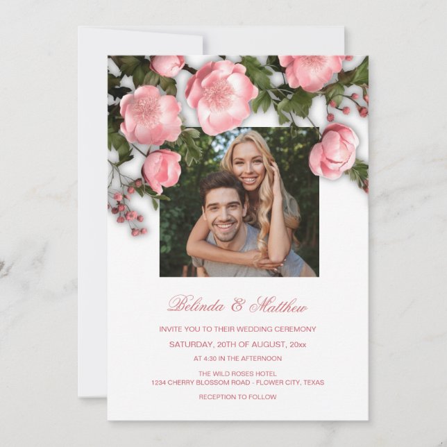 Invitación Bodas de Rosas 3D Elegantes Rosadas y Blancas (Anverso)
