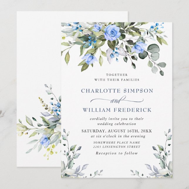 Invitación Bodas de Rosas Azules de Eucalipto Elegante (Anverso / Reverso)